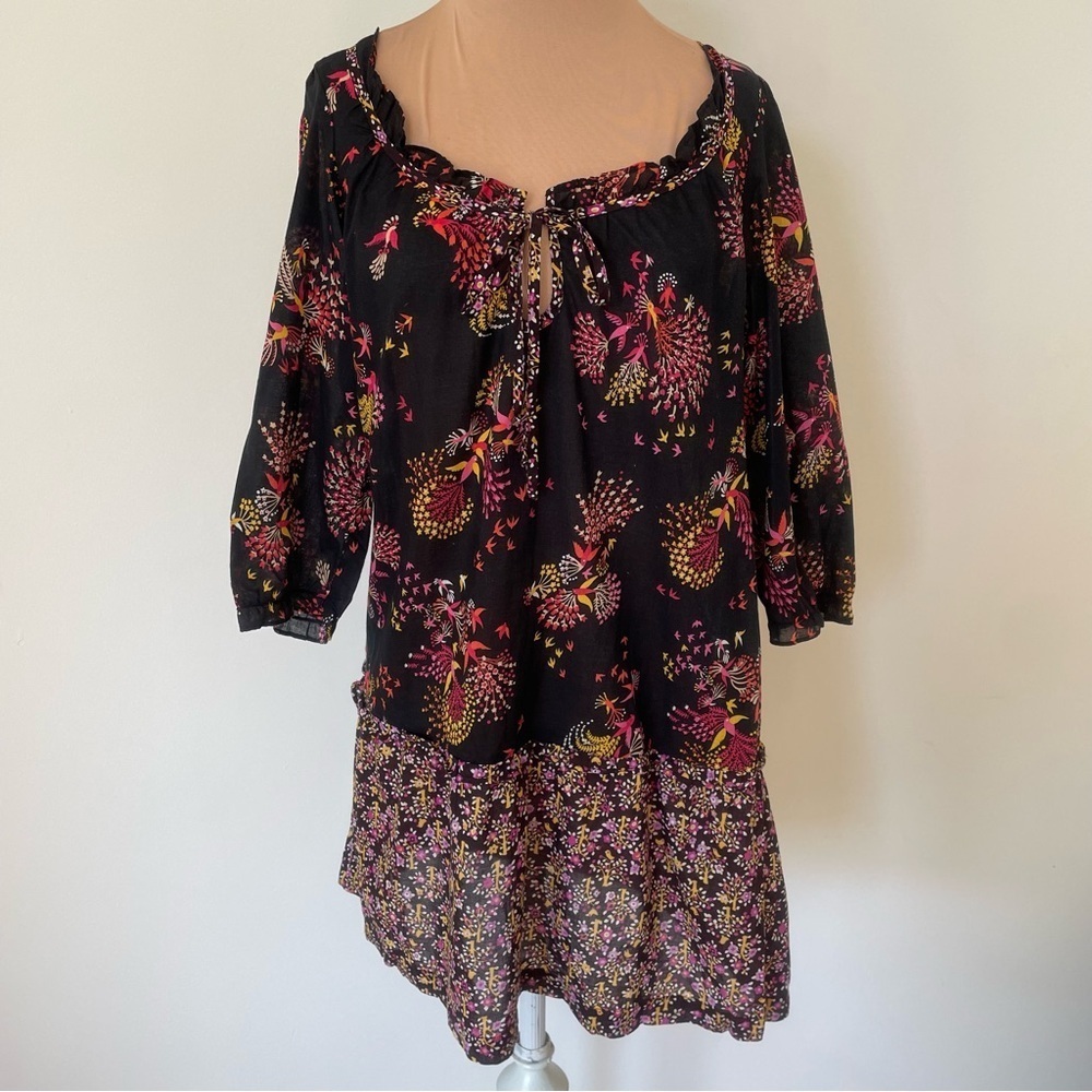 Anthropologie Lilka Cotton Floral Black Peasant 3/4 Sleeve Mink Dress EUC Size S